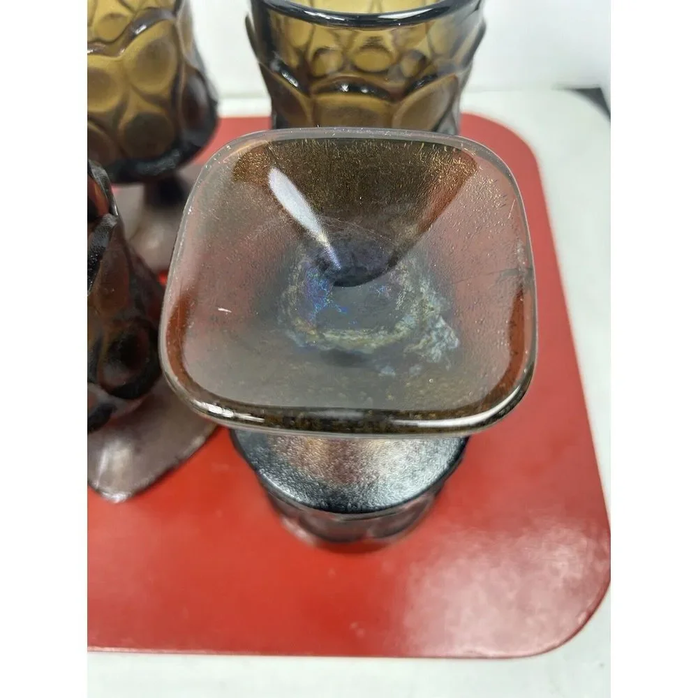 Vintage Amber Glass Tumblers‎ Set of 6 Textured Diamond Cut Base Hobnail MCM